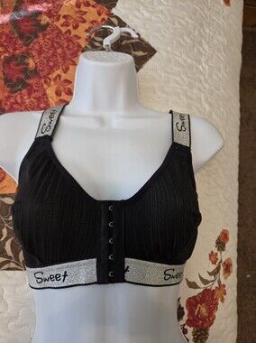 Black Lace-Textured Bra with Silver Accents